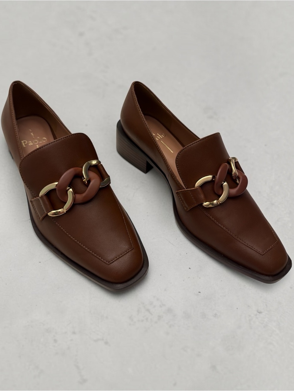 Paolo Chestnut Brown Leather Loafers with Gold Chain Accent